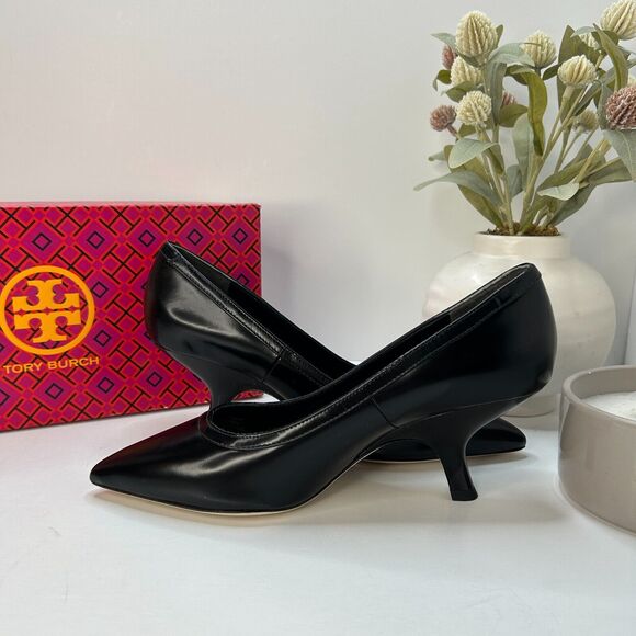 Tory Burch Leather Statement Heel Pumps Pointed Toe Black SN 141095 Women's 6M - Picture 7 of 10